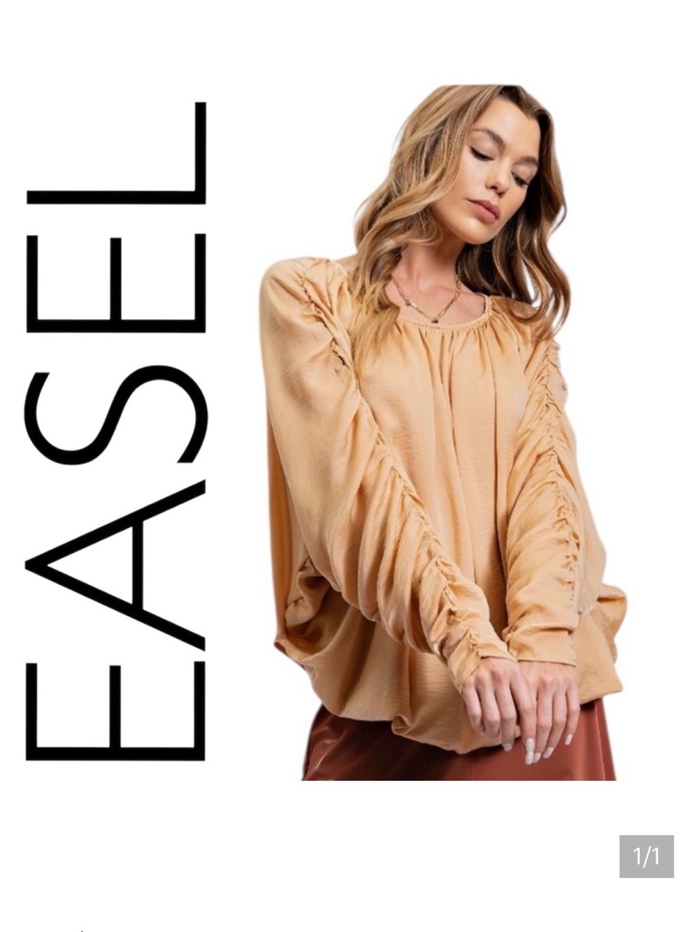 easel Gathered Neck Blouse in Camel Tan